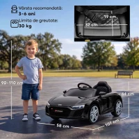 AIYAPLAY Mașinuță Electrică pentru Copii 12V Audi R8 Spyder, 3+ Ani, 3-5 km/h, cu 2 Motoare și Telecomandă, Negru(m-3)