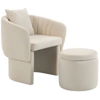 HOMCOM Fotoliu relax cu taburet, fotoliu lounge cu spătar curbat, cotiere, capitonat chenille nordic, bej(m-6)