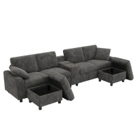 Modern Corduroy U-Shaped Sectional Sofa with 2 Movable Storage Ottomans, Soft Convertible Couch with 2 Type-C Charging Ports, 315L x 135W x 81H cm, Grey(m-2)