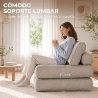 HOMCOM Sofá Cama 1 Plaza Convertible 3 en 1 Sillón de Suelo Plegable Sillón Cama de Lino con 2 Almohadas Acolchado Crema(m-7)