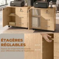 HOMCOM Caisson bureau meuble de rangement verrouillable avec 3 tiroirs et étagère réglable, roulettes, 40 x 60 x 56 cm, marron clair(m-6)