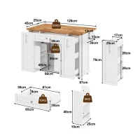 Mobile Kitchen Island with Foldable Countertop, Multifunctional Kitchen Cart with 3-Tier Drawers & Lockable Castors, 120L x 70W x 87H cm, White(m-3)