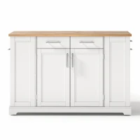 Modern Rolling Kitchen Island Trolley with Woodgrain Worktop, Mobile Storage Cart Unit with Pull-Out Bin Compartment, 138L x 86W x 92H cm, White(m-2)