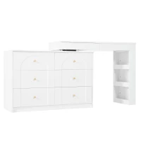 Modern L-Shaped Vanity Desk with 7 Storage Drawers, Adjustable Makeup Table Dressing Console with LED Flip Mirror, 200L x 40W x 80H cm, White(m-6)