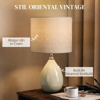 HOMCOM Lampă de masă din ceramică, cu abajur textil aspect in, E27, întrerupător basculant, pentru dormitor, crem(m-4)