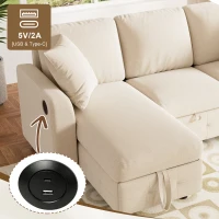 Modern Chenille L-Shaped Sectional Sofa with Reversible Storage Chaise, Soft Pull-Out Sleeper Couch with USB Ports, 200L x 130.5W x 83.5H cm, Beige(m-7)