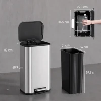 HOMCOM Poubelle de cuisine 30 L, poubelle à pédale en acier inoxydable avec fermeture douce et fonction maintien ouvert, seau intérieur amovible, Argent(m-3)