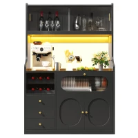 Tall Kitchen Cabinet with App-Controlled RGB LED and Glass Doors, Storage Unit with Wine Rack and 3 Drawers, 120L x 40W x 180H cm, Black(m-2)