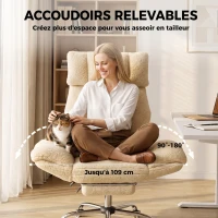 HOMCOM Chaise Bureau Ergonomique avec Accoudoirs Rabattables 5 Niveaux, Fauteuil de Bureau Inclinable en Tissu Teddy, Crème(m-4)