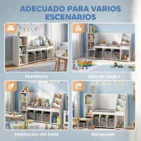 AIYAPLAY Estantería Infantil Juguetes con Rincón de Lectura Cojín 3 Cajones de Tela 3 Estantes 4 Cubículos 137x40x80 cm Blanco y Gris(m-9)
