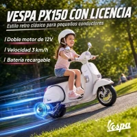 AIYAPLAY Moto Eléctrica Niños 12V Vespa PX150 Ruedas Auxiliares 2 Motores Suspensión Trasera Música Faros 3 km/h 3-6 Años Blanco(m-4)