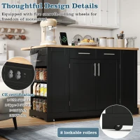 Modern Rolling Kitchen Island Trolley with Woodgrain Worktop, Mobile Storage Cart Unit with Pull-Out Bin Compartment, 138L x 86W x 92H cm, Black(m-4)