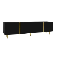High-Gloss TV Cabinet with Four Soft-Close Doors, Modern Entertainment Stand for Living Room, 170L × 35W × 46H cm, Black+Gold(m-13)