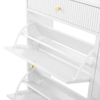Modern Shoe Cabinet with 4 Flip Doors and 2 Drawers, Space-Saving Entryway Storage Organizer with Metal Handles, 106.5L x 25W x 105.5H cm, White(m-9)