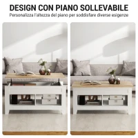 HOMCOM Tavolino da Caffè Industriale con Vano Portaoggetti, Piano Sollevabile, Tavolo Salotto per Soggiorno Casa Ufficio, 105x50x49cm, Bianco, Naturale(m-4)