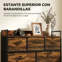 HOMCOM Cajonera de Tela con 5 Cajones y Marco Metálico Estilo Industrial para Salón Recibidor 98x29x63 cm Marrón Rústico(m-5)