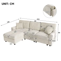 Modern Upholstered Sectional Sofa with USB Type-C Charging Ports, Soft Convertible Couch with 2 square cushions, 223L x 146W x 84H cm, Beige(m-3)