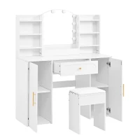 Modern Vanity Desk with Padded Stool and 2 Storage Cabinets, Makeup Dressing Table with Adjustable LED Mirror, 110L x 40W x 132H cm, White(m-16)