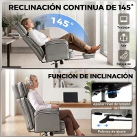 HOMCOM Silla de Escritorio con Reposapiés Reposabrazos Abatibles Respaldo Alto y Reclinable 145° Reposacabezas Ajustable Gris(m-7)