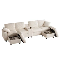 Modern Corduroy U-Shaped Sectional Sofa with 2 Movable Storage Ottomans, Soft Luxury Couch with USB Charging Ports, 315L x 135W x 81H cm, Beige(m-11)