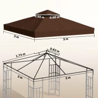 Outsunny Acoperiș de Schimb pentru Foișor 3x3 m cu 2 Niveluri pentru Grădină, Pânză Rezistentă la Apă din Țesătură Oxford 370g/㎡ Anti-UV 30+ cu Orificii de Drenaj, Cafea(m-3)