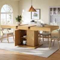 Extendable Dining Table with Integrated Storage, Space-Saving Kitchen Table with Grooved Doors and Shelves, 140-180L x 90W x 75H cm, Natural(m-7)