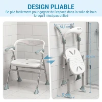 HOMCOM Tabouret de Douche Pliable, Hauteur Réglable à 5 Niveaux, Pieds Antidérapants en TPR, Aluminium, 51,5x61,5x74,5cm, Blanc(m-4)