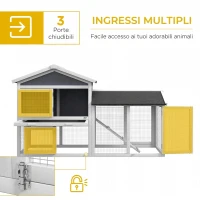 PawHut Conigliera Gabbia per Conigli in Legno da Esterno con Casetta, Spazio Aperto Recintato e Tetto 147x54x84cm Bianco(m-4)