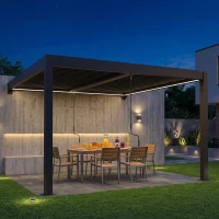 Outsunny 3 x 3 m Louvered Pergola with LED Lights, Metal Louvres, Wall Mounted Aluminium Patio Gazebo Pergola, Dark Grey(m-9)