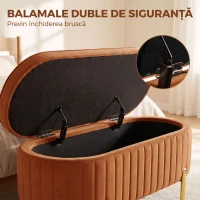 HOMCOM Banchetă Ovală cu Depozitare 72 L, cu Capac Rabatabil, din Material Catifelat și Lemn, 108x44x43,5 cm, Maro Auriu(m-5)