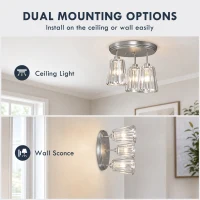 HOMCOM 3-Light Crystal Glass Ceiling Light, 40W, 3 E27 Sockets, Dual Mounting, Bulb Not Included, Silver(m-6)