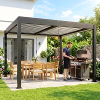 Outsunny 3 x 3 m Louvered Pergola with LED Lights, Metal Louvres, Aluminium Patio Gazebo Pergola, Dark Grey(m-9)