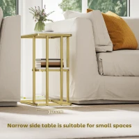 HOMCOM C-Shaped Narrow Side Table, 2-Tier Slim End Table, Nightstand for Small Spaces, Living Room, Bedroom, White Marble Grain(m-6)