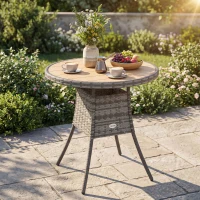 Outsunny 70 cm Wood-Effect Rattan Garden Table - Natural Wood Finish(m-7)