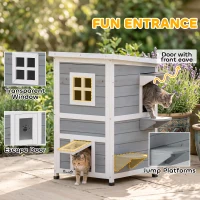 PawHut Wooden Cat House 2-Floor Outdoor Kitten Shelter with 3 Doors and Window Grey(m-6)