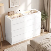 HOMCOM Comodă cu 8 Sertare cu 2 Sertare pentru Bijuterii Blat din Sticlă Securizată Lumini LED și Control Bluetooth Albă(m-2)