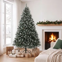 HOMCOM Árvore de Natal Artificial 180 cm com 802 Pontas Efeito Nevado, 59 Pinhas e Base Metálica Dobrável Verde e Branco(m-2)