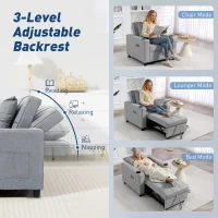 HOMCOM 3-in-1 Single Sofa Bed, Convertible Sleeper Chair Bed - Light Grey(m-5)