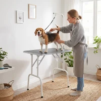 PawHut 32" Foldable Dog Grooming Table Pet Drying Beauty Table Adjustable Fixed Arm Rubber Top, Black(m-8)