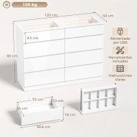 HOMCOM Commode 8 tiroirs avec 2 range-bijoux, plateau en verre trempé, éclairage LED et contrôle Bluetooth Blanche(m-3)