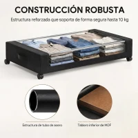 HOMCOM Juego de 2 Cajas de Almacenaje Bajo Cama con Ruedas 40L Organizador de Zapatos Debajo Cama de Tela Oxford Negro(m-7)