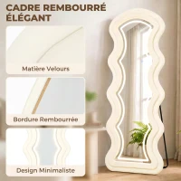 HOMCOM Miroir Pleine Longueur Ondulé 160 x 60 cm, LED 3 Couleurs, Cadre Effet Velours, Verre Trempé HD, Crème(m-6)