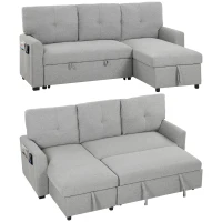 HOMCOM Divano Letto 3 Posti Estraibile con Chaise Longue Contenitore e Cuscini in Tessuto, Grigio(m-11)