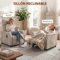 HOMCOM Sillón de Masaje Reclinable con Reposapiés 2 Zonas de Masaje Asiento de Muelles Bolsillos Tapizado en Lino Crema(m-5)
