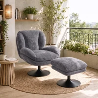 HOMCOM Modern Chenille Lazy Chair with Ottoman, 360° Swivel, Upholstered Reading Seat Set for Living Room, Dark Grey(m-9)