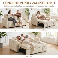 HOMCOM Canapé Convertible 2 Places 3 en 1, Canapé-Lit Clic Clac en Chenille 142 cm, Dossier Réglable, 2 Oreillers, Beige(m-4)