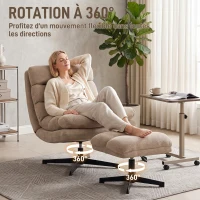 HOMCOM Fauteuil de Salon avec Repose-Pied Réglable, Rotation 360°, Fauteuil d'Appoint Capitonné en Lin, Assise Large, Marron(m-5)