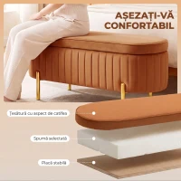 HOMCOM Banchetă Ovală cu Depozitare 72 L, cu Capac Rabatabil, din Material Catifelat și Lemn, 108x44x43,5 cm, Maro Auriu(m-6)