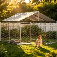 Outdoor-Hundeauslauf mit Dach, Hundezwinger 230 x 230 x 117 cm, 32-mm verzinkter Stahl, abschließbare Tür, Erdanker, Silber(m-8)