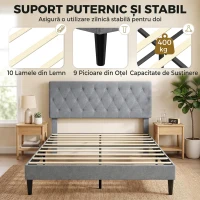 HOMCOM Cadru de Pat Matrimonial Tapițat, cu Tăblie Matlasată din In, Gri(m-6)